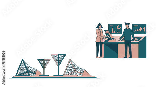 Two professional researchers analyze complex data charts near intricate geometric wireframe structures in a minimalist teal and pink laboratory setting.