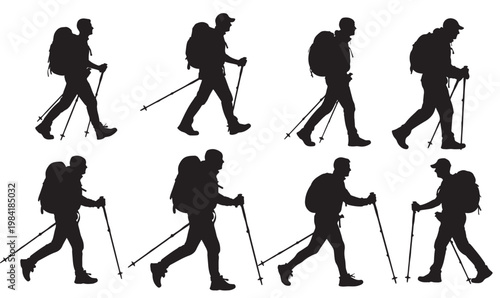 Large set of black silhouettes of hikers with backpacks and trekking poles in various poses