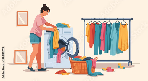 Woman loading laundry into washing machine and clothes drying on rack