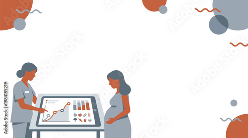 A dedicated medical professional explains complex nutritional and health data on a large touchscreen monitor to an expectant mother in a minimalist grey and orange clinic.