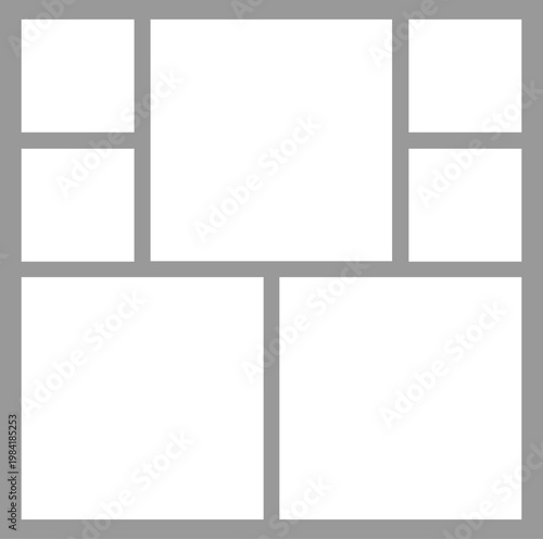 7 Image Photo Collage, 5 Empty geometric photo collage grid rectangle template shape. Modern tiles pattern mosaic for portfolio presentation. Background and photo album for wall mood board.