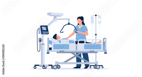 A skilled nurse operates a mechanical patient lift over a man resting in a modern hospital bed equipped with advanced medical monitoring devices in a clean white room.