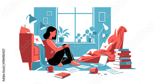 Illustration of an overwhelmed woman sitting on the floor in a cluttered home office, surrounded by papers and books, depicting the stress and challenges of remote work and mental exhaustion