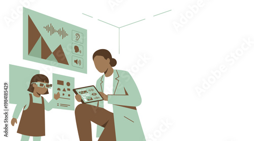 A meticulous female healthcare professional in a mint green coat demonstrates medical data on a tablet to a young girl wearing advanced vision glasses.