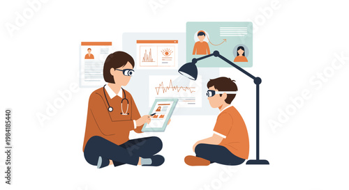A focused female physician sits cross-legged while presenting clinical results on a tablet to a young boy wearing specialized eye tracking sensor equipment.