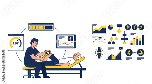 A skilled physical therapist uses a specialized yellow goniometer to measure the knee range of motion for an elderly patient resting on a treatment table.
