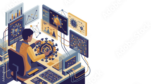 A dedicated scientific researcher sits at a complex workstation surrounded by multiple monitors displaying intricate three-dimensional viral structures and data charts.