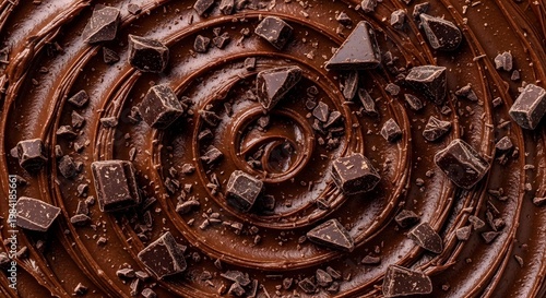 Rich dark chocolate swirl frosting or ganache topped with chopped chocolate pieces close up macro view