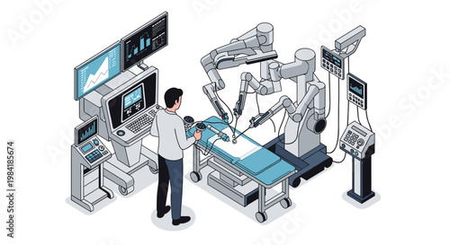 A focused surgeon stands at a control console operating a multi-armed robotic surgical system over a patient bed in a pristine modern operating room.