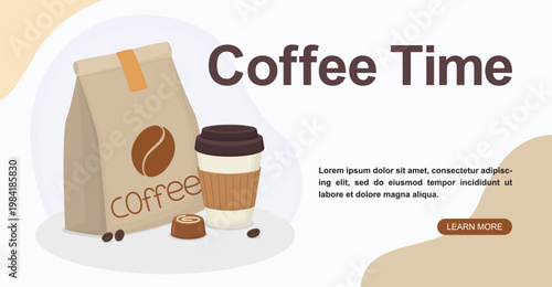 Banner with bag of coffee beans, takeaway cup and chocolate candy. Concept of cozy elements