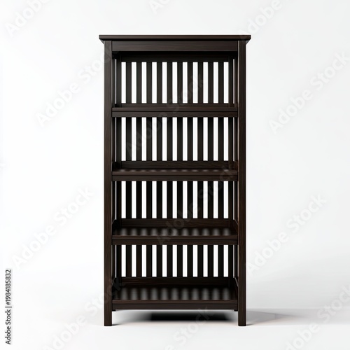 A dark brown wooden bookcase with vertical white stripes on each shelf stands prominently against a clean white background, showcasing a modern and minimalist design.