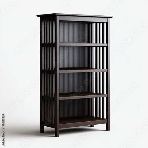 A dark wood bookshelf stands against a plain white background, showcasing its simple yet elegant design and providing a sense of organized storage.