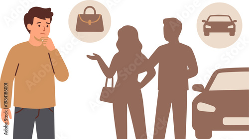 A man discusses with a woman and another man next to a car and handbag.