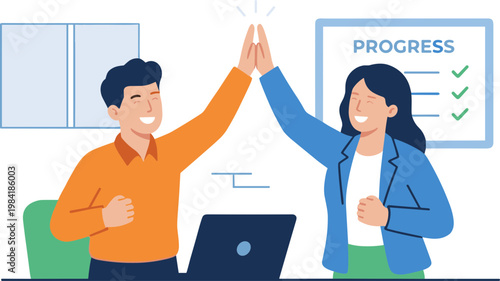 Two colleagues celebrate progress with a high-five gesture in a modern office setting