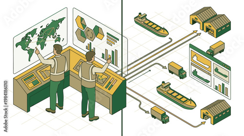 Two professional logistics operators manage global shipping routes and warehouse inventory on large interactive digital displays within a modern command center.