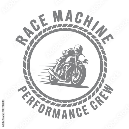 Race machine performance crew logo featuring a racing biker