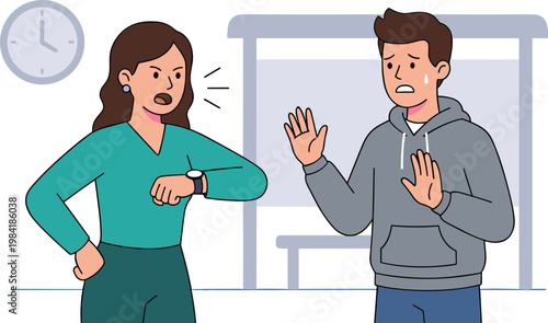 Woman checks her watch while a man gestures in an office setting.