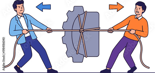 Two men pulling a large gray gear in opposite directions with ropes.