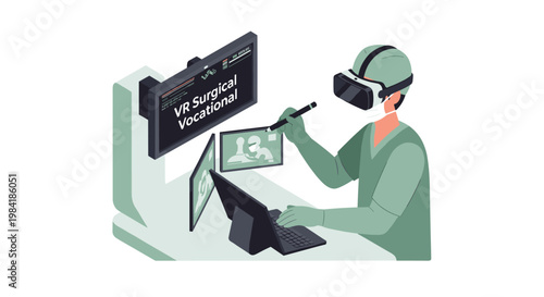 A focused surgeon in green scrubs operates a VR surgical vocational interface using a digital stylus and keyboard at a specialized medical workstation.