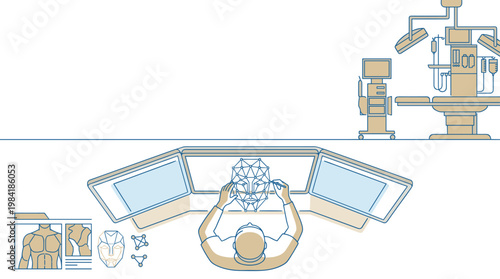 A top-down perspective shows a surgeon's hands meticulously mapping a digital facial wireframe across three large interconnected computer monitors in a lab.
