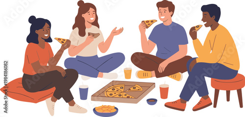 Four friends eating pizza together on cushions indoors at a casual gathering
