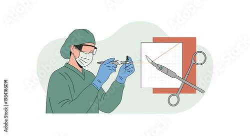 A professional surgeon wearing a mask and goggles holds a specialized laser tool next to a detailed surgical diagram and large metallic scissors.