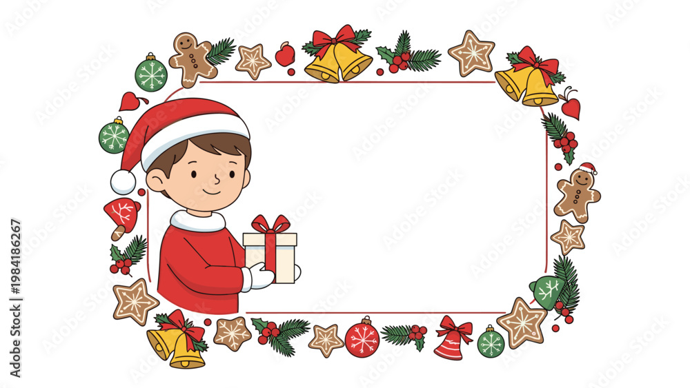Fototapeta premium Happy young boy wearing a red Santa hat holds a wrapped gift box inside a decorative frame of various festive Christmas illustrations.