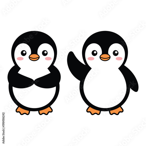 Two friendly penguins waving and standing side by side cheerfully