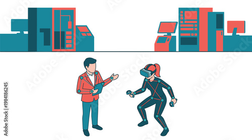 A professional technician in a red jacket monitors a woman wearing a virtual reality headset and a motion capture suit in a high tech teal laboratory.