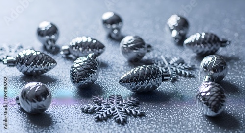 Sparkling Silver Christmas Ornaments and Snowflake on Glittery Surface.