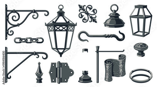 A comprehensive collection of meticulously detailed wrought iron hardware components including ornate lanterns, sturdy wall brackets, heavy hinges, and decorative metal scrolls.