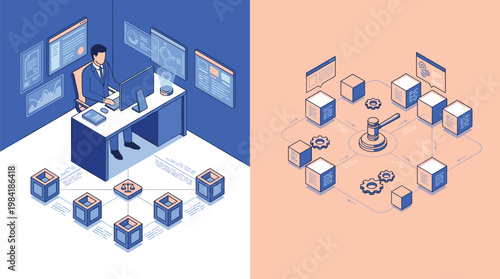 A professional legal expert works at a modern computer desk while a digital gavel sits amidst interconnected blockchain data cubes in a vibrant blue scene.