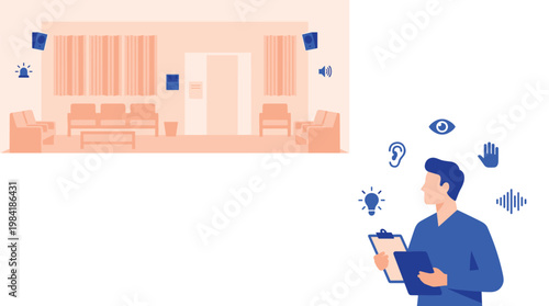 A meticulous inspector holding a clipboard evaluates a residential living room space while sensory icons for hearing and vision float in a clean minimalist style.