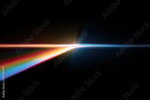 A vibrant, abstract light streak cuts across a dark background, creating a dynamic and colorful visual effect.