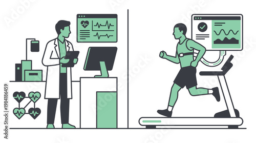 A professional medical doctor observes vital signs on a computer screen while a male patient performs a cardiovascular stress test on a treadmill.