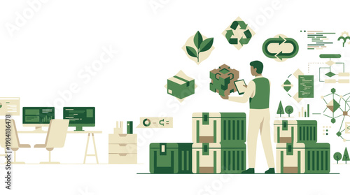 A dedicated logistics worker organizes large green shipping containers while eco-friendly icons for recycling float within a bright professional warehouse environment.