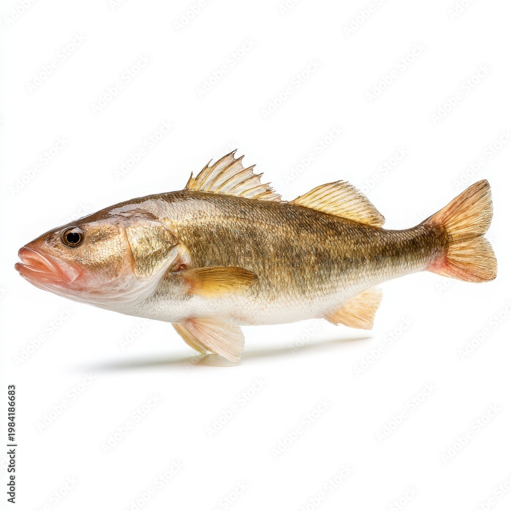 Fototapeta premium Freshwater walleye showing scales and fins on white background
