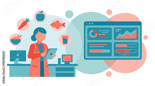 A professional female nutritionist in a coral lab coat reviews patient health data on a tablet beside a large digital dashboard featuring food icons.