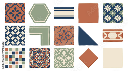 A curated selection of ornamental ceramic tiles showcases intricate geometric patterns and floral designs in a rustic palette of blue and terracotta tones.
