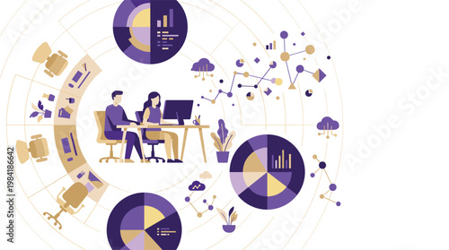 A collaborative team of two professionals works at a computer desk while being encircled by complex data visualizations and purple business management icons.