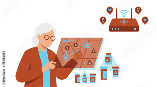 An elderly woman with white hair and glasses interacts with a glowing digital map interface while a smart home router manages her medical connectivity.