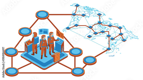Three dedicated workers in orange hazmat suits operate a central control station while monitoring a complex global network map across the world surface.