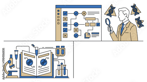 A professional genetic researcher in a tan suit meticulously investigates molecular structures using a magnifying glass alongside a digital verification checklist and microscope.