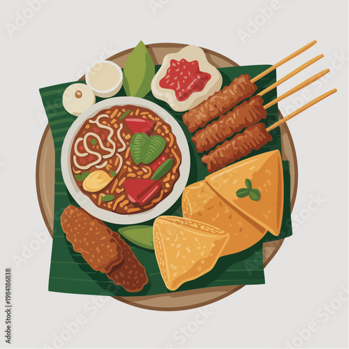 Indonesian Street Food Platter Vector Illustration with Satay, Gado-Gado, and Martabak