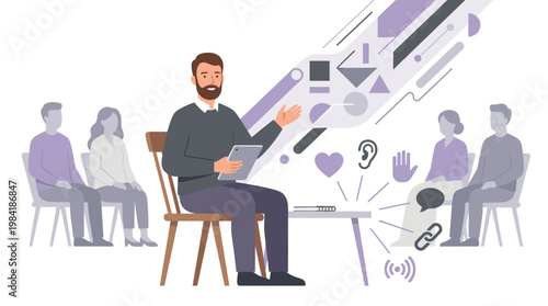 A charismatic male facilitator in a grey sweater leads a collaborative group session while utilizing a digital tablet and various floating sensory communication icons.