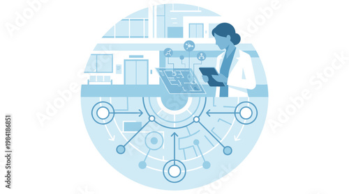 A professional female physician in a white lab coat utilizes a digital tablet to analyze a detailed hospital facility floor plan within a circular infographic.