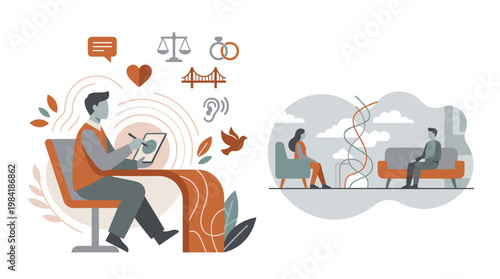 A professional male counselor meticulously records notes on a digital tablet while a couple engages in a private therapy session within a serene orange and gray office.