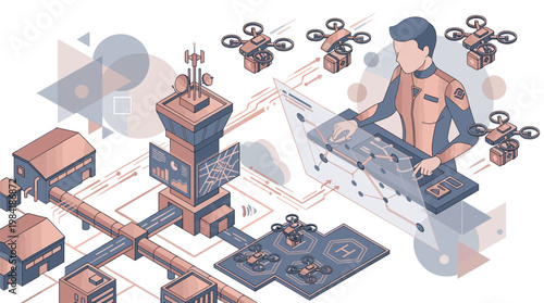 A focused technician in a specialized suit operates a complex drone delivery network through a glowing holographic interface at a modern copper and blue industrial hub.