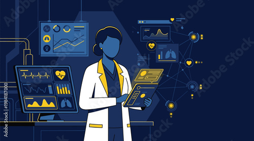 A confident female physician in a crisp white coat stands before a dark blue background filled with glowing medical icons and vital sign monitor screens.