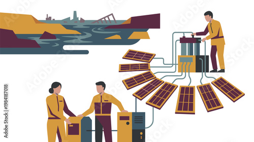 Dedicated technicians in yellow uniforms install and maintain a complex array of solar panels against a backdrop of a partially submerged urban landscape.